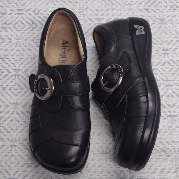 Alegria Shoes - Alegria Black Leather Slip-On Shoes with Silver Buckle Size 39 (8.5)